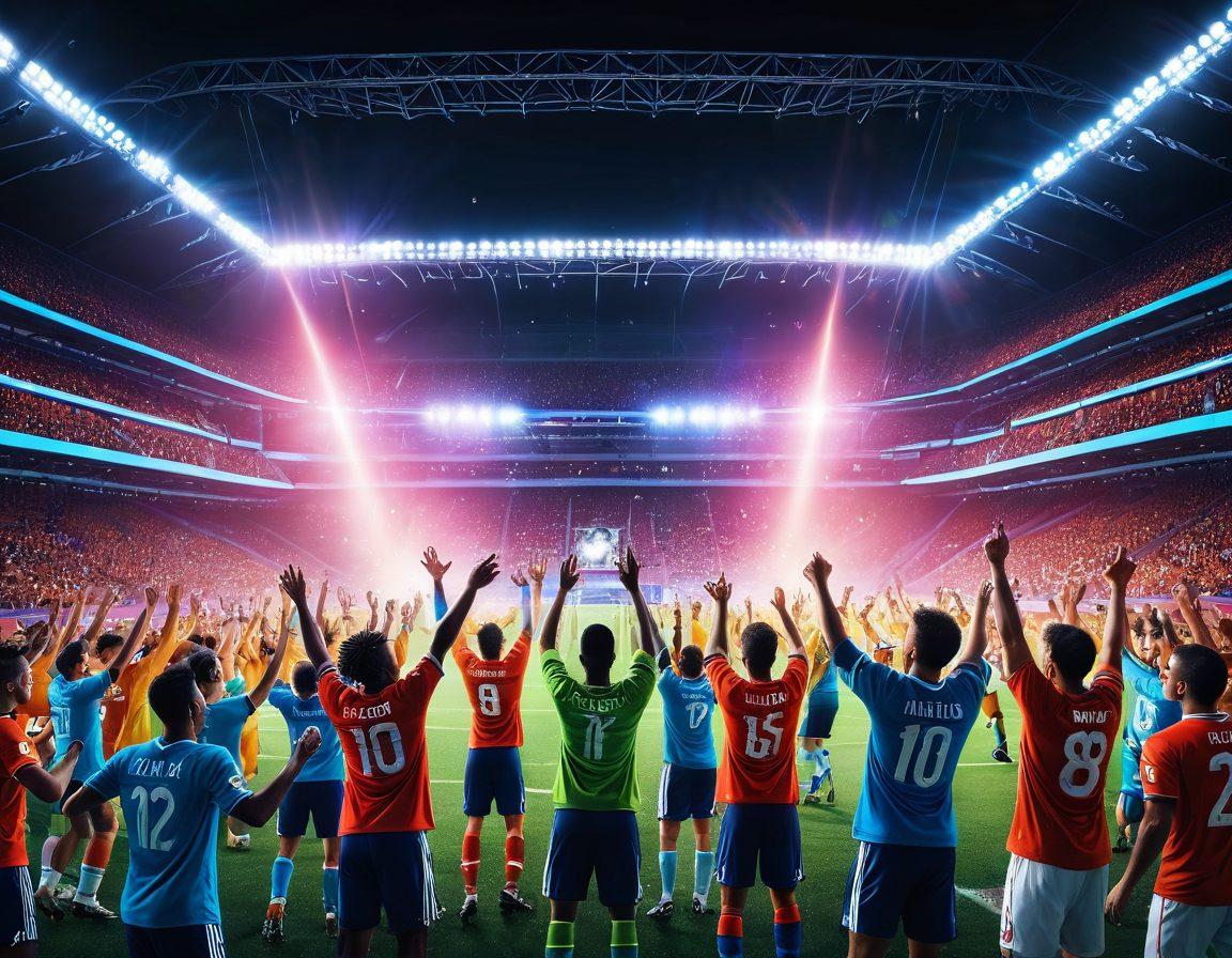 A dynamic scene capturing an excited online football community in action, with diverse fans cheering in vibrant colors on a virtual platform. Include elements like glowing chat bubbles, digital avatars, and football icons to convey energy and enthusiasm. In the background, show a stylized football pitch under bright stadium lights, symbolizing unity and passion for the sport. super-realistic. vibrant colors. dynamic composition.