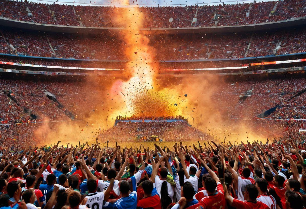 A vibrant soccer stadium filled with enthusiastic fans waving flags and wearing jerseys from different nations, capturing the spirit of global camaraderie. In the foreground, a diverse group of fans are sharing a moment of excitement over a match, showcasing emotions of joy and unity. The scene is energetic, with soccer balls and colorful confetti in the air, symbolizing the love for the game across the world. super-realistic. vibrant colors. dynamic composition.