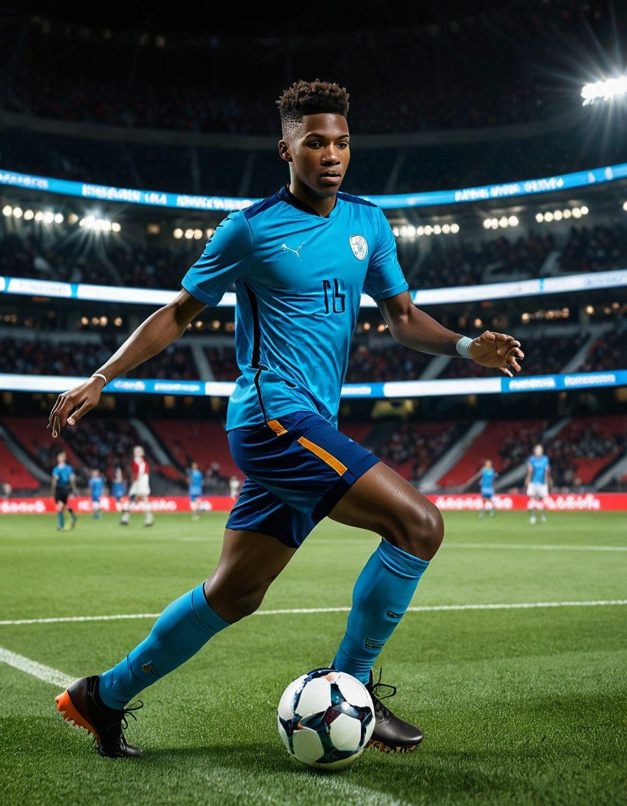 A dynamic scene of a young football player practicing in a virtual stadium, illuminated by glowing match statistics and digital scoreboards. The player looks determined, showcasing an array of skill moves as a vibrant digital crowd cheers in the background. Elements of technology are blended in, representing online training and mastery in football. The colors are bright and vivid, creating an energetic atmosphere. 3D. vibrant colors. futuristic.